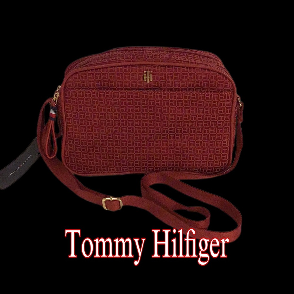 NWT‎ Tommy Hilfiger Crossbody, Double Zip, Logo Print, Dark Red